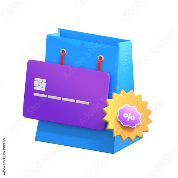 Fototapeta 3D Rendered Shopping Bag with Credit Card and Discount Tag Icon