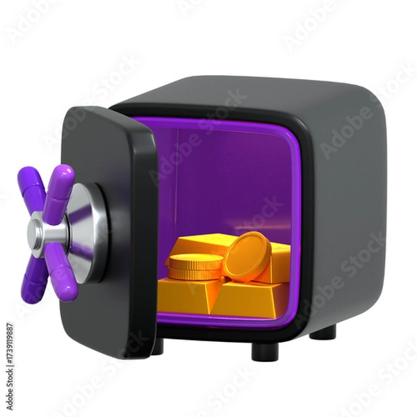 Fototapeta Realistic 3D Open Safe with Gold Bars and Coins Illustration