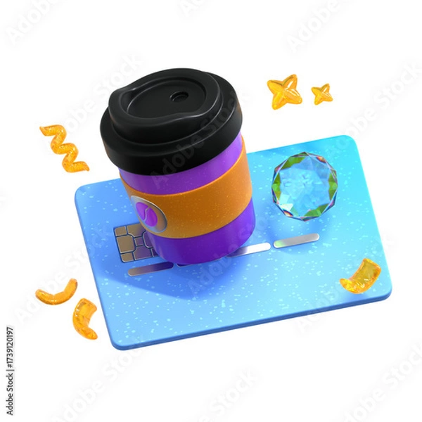 Obraz 3D Render Coffee Cup and Gemstone on Credit Card Design Illustration