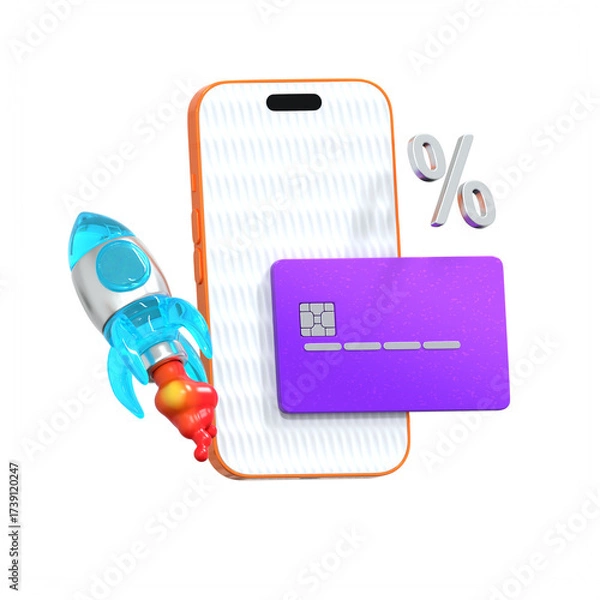 Fototapeta 3D Render Shiny Finance Rocket Launch with Card and Phone Percentage