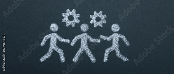 Fototapeta Chalk drawing of three working figures with gears above, symbolizing business teamwork, collaborative process, operational management, and success.