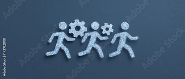 Fototapeta Illustration of people figures with integrated gears, symbolizing continuous business teamwork, collaborative process, efficiency, and organizational success.