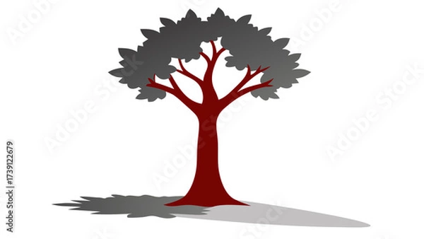 Fototapeta Stylized Red Tree with Gray Leaves and Shadow on a Black Background trunk branches