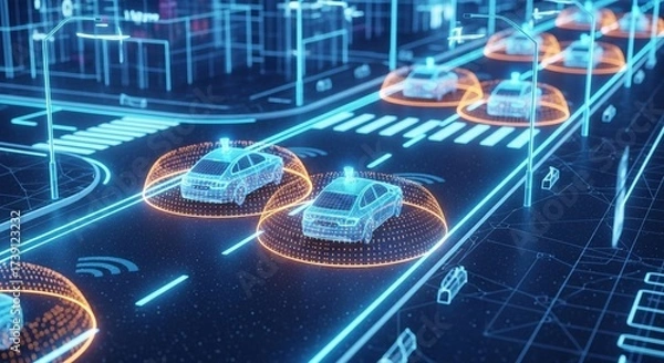 Fototapeta Autonomous Self Driving Cars on Smart City Road. Futuristic Technology of Driverless Transport, AI, and Sensor System for Urban Traffic Network
