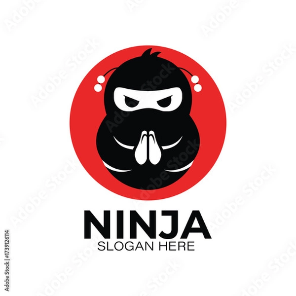 Fototapeta Minimalist ninja mascot logo cute cartoon ninja face with hands clasped in prayer, black and white vector for gaming or tech branding, gaming, symbolic, abstract branding