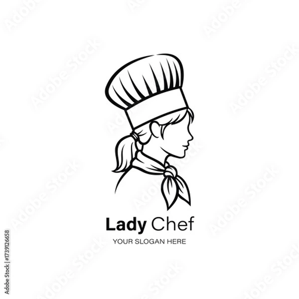 Fototapeta Minimalist restaurant and cafe logo line art illustration of a lady chef in profile, wearing a chefs hat and neckerchief, with the text lady chef below