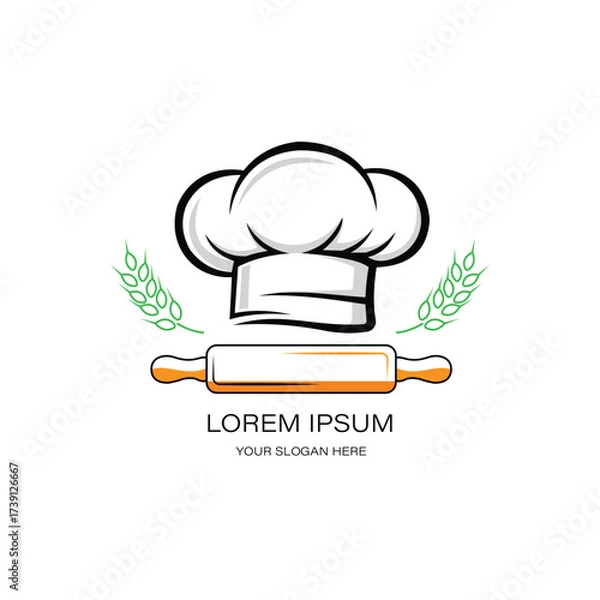 Fototapeta Minimalist restaurant and cafe logo chef hat and rolling pin with wheat ears