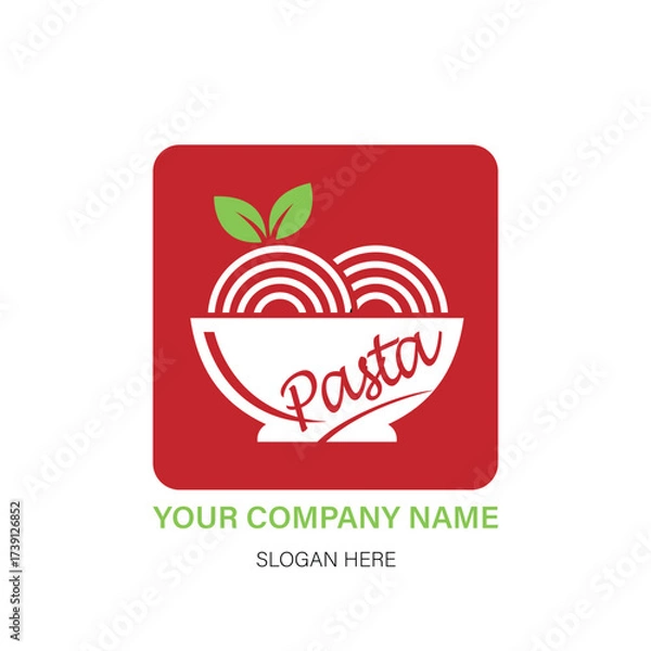 Fototapeta Modern restaurant logo a stylized logo featuring a bowl of pasta with the word pasta inside, set against a red square background with rounded corners