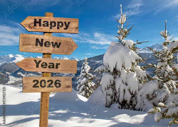 Fototapeta 2026 happy new year written on wooden postsign  in  snowy alpine mountain with firs covered with fresh snow