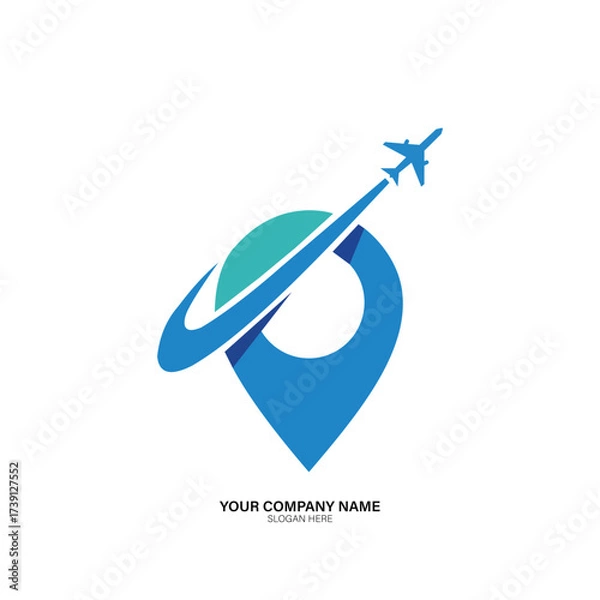 Fototapeta Minimalist travel company logo vector art of blue location pin with a swoosh and airplane flying around it
