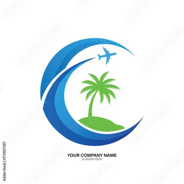 Fototapeta Minimalist travel logo vector art of travel logo with airplane, palm tree, and wave