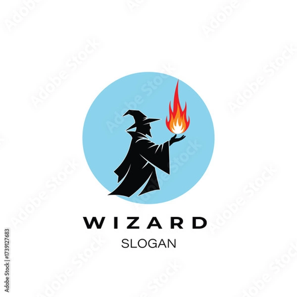 Fototapeta Minimalist modernize logo vector art of a black silhouette of a wizard holding a flame in his hand, with the text wizard si slogan below, isolated on a