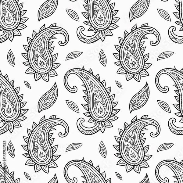 Fototapeta Elegant Monochrome Paisley Motif Seamless Teardrop Border