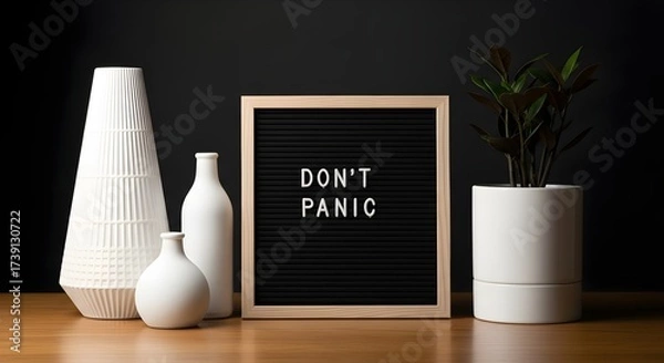 Fototapeta Stylish Home Decor Featuring Motivational Message Dont Panic with White Vases and Potted Plant