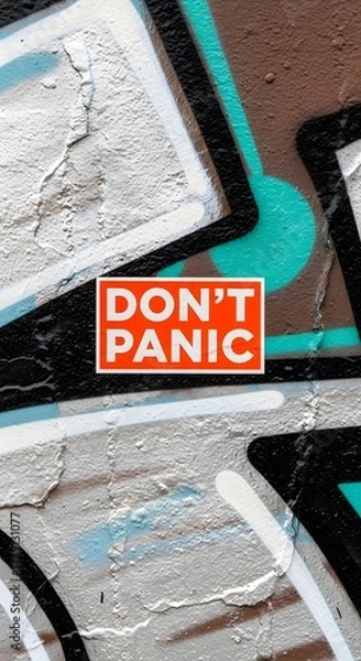 Fototapeta Urban Graffiti Art with Dont Panic Message Painted on Textured Wall Close Up