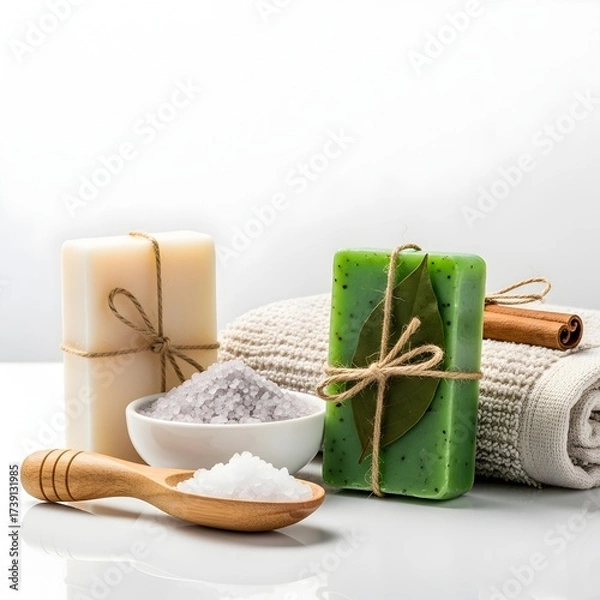 Fototapeta Natural spa treatments with handmade soap bath salts cinnamon and soft towel on a white background