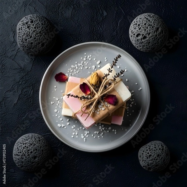 Fototapeta Handmade Soap Bars with Natural Decorations on a Plate Surrounded by Lava Stones and Dark Background