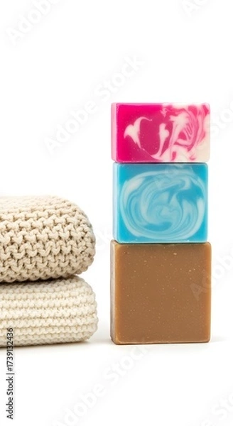 Fototapeta Handmade Soap Bars Stacked with Knitted Washcloths for Spa Day and Self Care Concept