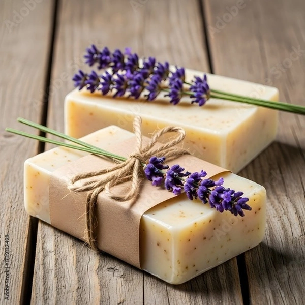 Fototapeta Artisanal Lavender Soap Bars Resting on Rustic Wood Surface for Natural Spa Experience