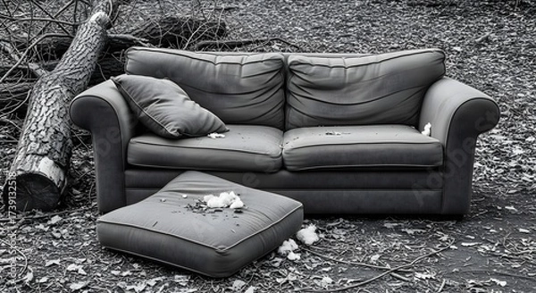 Fototapeta Abandoned Couch in the Woods A Study of Modern Waste and Environmental Impact