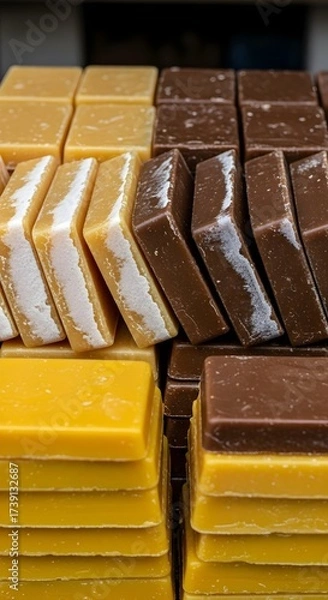 Fototapeta Assorted handmade soap bars in yellow and brown tones create a luxurious and appealing background texture