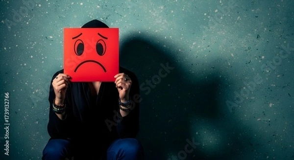 Fototapeta Person Hiding Face Behind Red Sad Emoji Card Expressing Negative Emotions and Feelings