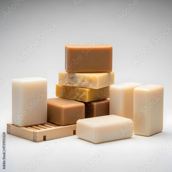 Fototapeta Artisan soap bars stacked on a wooden tray with a clean white background