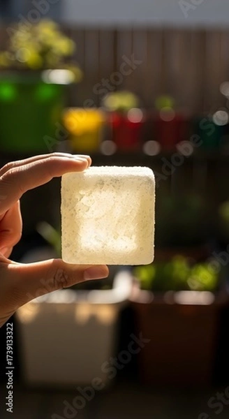 Fototapeta Illuminated Ice Cube Held Up To The Light Showing Detail and Sparkling Texture