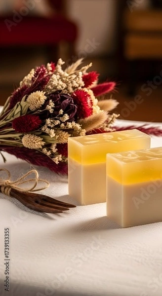 Fototapeta Handmade soap with flowers and rustic wooden fork on a textured white surface