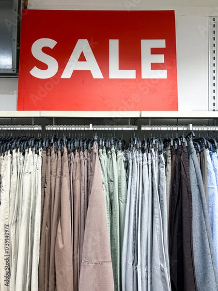 Obraz Clothing store sale with multiple pants on racks beneath a big red sale sign. The display highlights various shades and styles, enticing shoppers to explore discounts on apparel.