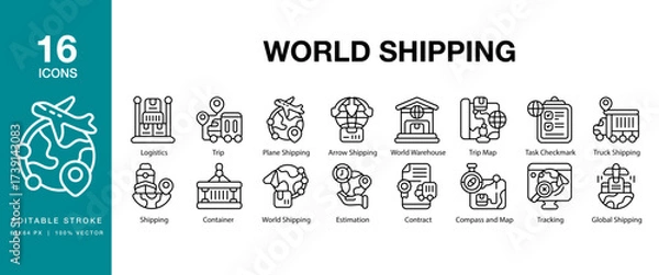 Fototapeta World Shipping icon set. Includes shipping, global, world, transportation, business and More. Editable Stroke Icon Collection.