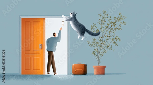 Fototapeta Man reaching for a key while a playful cat jumps in front of an open door with a potted plant nearby
