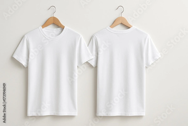 Fototapeta Blank white short-sleeve t-shirts displayed on hangers against a plain backdrop, showcasing their minimalist design
