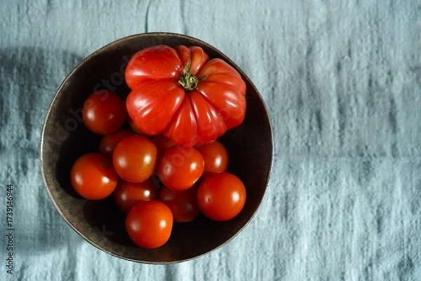 Obraz Overhead view of a bowl containing mixed tomatoes, featuring a large heirloom tomato among smaller cherry tomatoes, set against a textured blue fabric background for contrast.