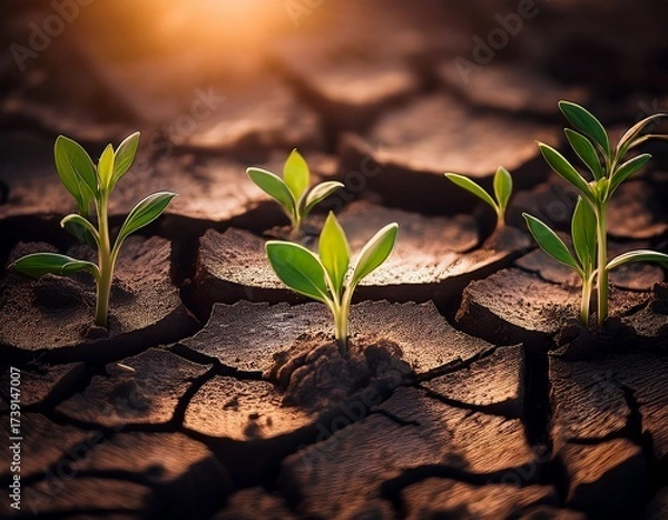Fototapeta Hope Blooms: Small Seedlings Emerge from Cracked Earth, a Testament to Resilience and the Power of Life.