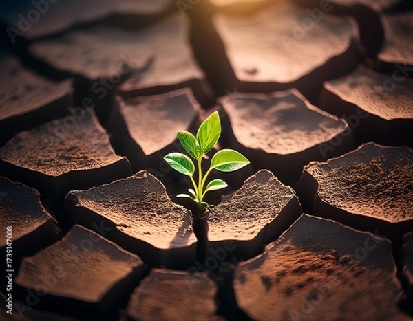 Fototapeta Hope Springs Eternal: A Vibrant Sprout Emerges from Arid Land, Symbolizing Resilience and New Beginnings