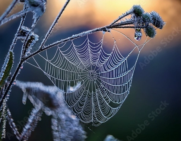 Fototapeta Intricate Spiderweb Covered in Dewdrops Hangs from Frosty Thistle Against a Soft, Blurry Sunrise Background