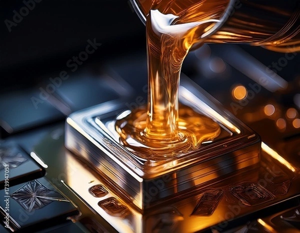 Fototapeta Liquid Gold Pouring Onto Metallic Structure: A Mesmerizing Display of Fluidity and Metallic Sheen, Revealing Intricate Surface Details