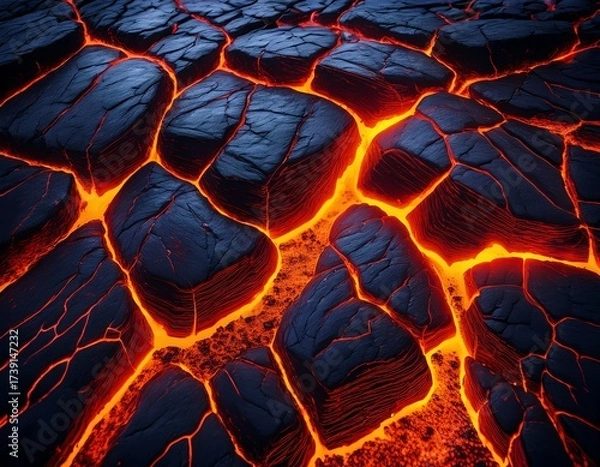 Fototapeta Volcanic Fury: An Aerial View of Molten Lava Flowing Between Cooled, Cracked Rock Formations, Revealing Nature's Raw Power