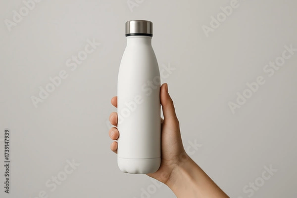 Fototapeta Close-up shot of a hand holding a reusable white water bottle, promoting sustainable hydration on a light grey background