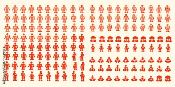 Fototapeta Collection of stylized red human figures in various poses and outfits against a light background