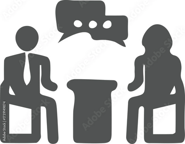 Fototapeta Business Meeting Icon Two People Conversing at a Table with Speech Bubbles Symbolizing Communication and Teamwork in Professional Settings