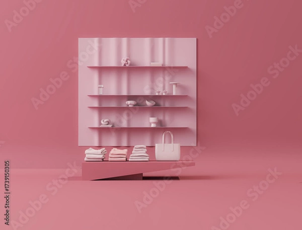 Obraz Clothes on pink background, shelf on cream background. Collection of clothes hanging on a rack in neutral beige colors. 3d rendering, store and bedroom concept