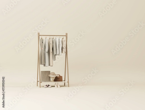 Obraz Clothes on beige background, shelf on cream background. Collection of clothes hanging on a rack in neutral beige colors. 3d rendering, store and bedroom concept	
