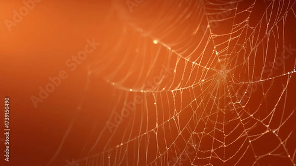Fototapeta A close up of a spiderweb with dew drops against an orange background