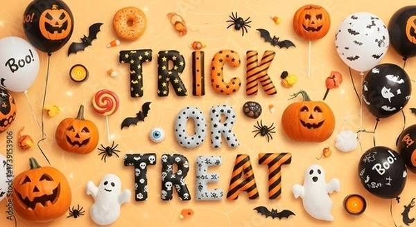 Obraz A Trick or Treat Halloween Background with Pumpkins, Balloons, Candy and Ghost Decorations