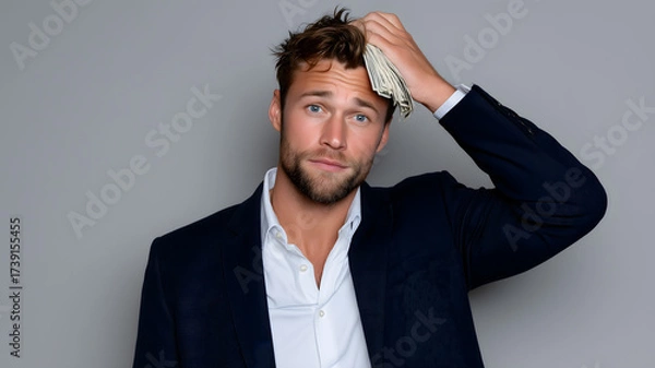Obraz Confused businessman in suit holding cash money on head with uncertain expression