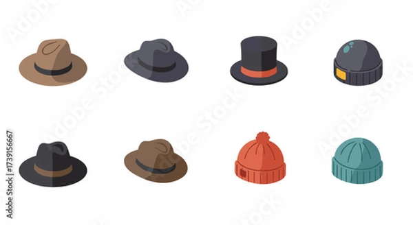 Obraz Collection of eight stylish hats in isometric design