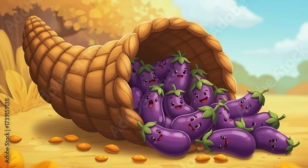 Fototapeta Illustration of a full harvest horn of plenty with eggplants on a rustic background