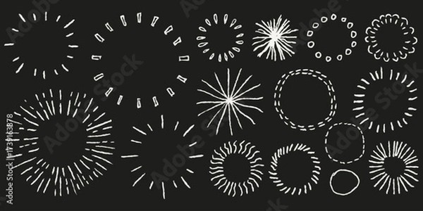 Fototapeta Pencil firework burst circles. White crayon draw doodles with circular sketchy shapes, abstract round frames. Blackboard  kids drawings highlight elements for notes.